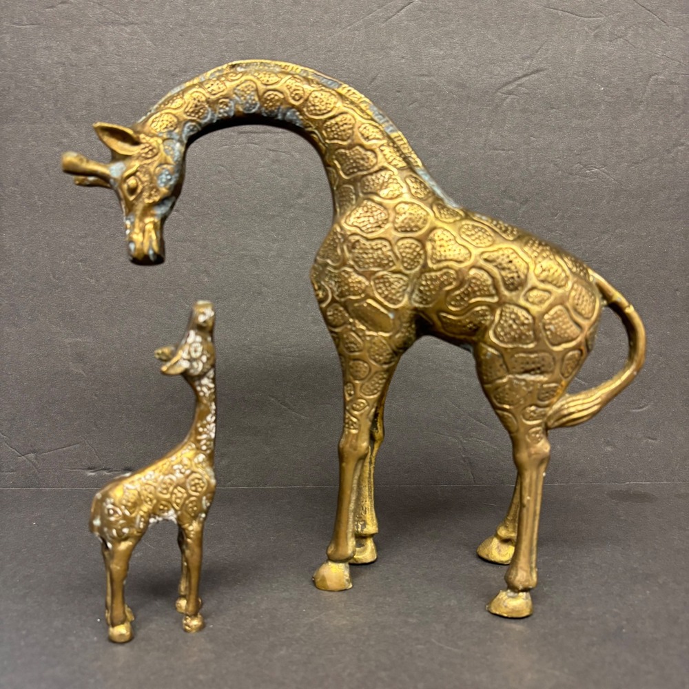 Vintage Brass Giraffe Figurines Set 2 Mother and Baby Set MCM Animal Heavy